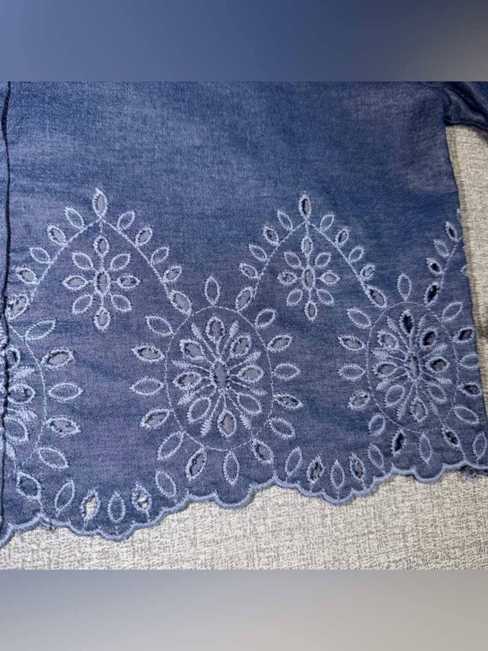 Zara Chambray Eyelet Embroidered Cropped Button Down Shirt - Picture 6 of 9